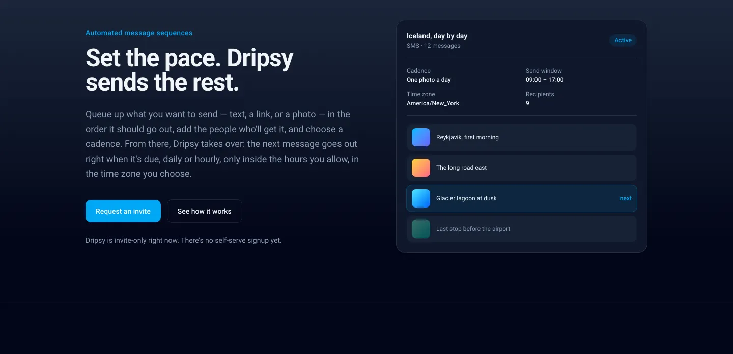 The Dripsy landing page, showing a message sequence called 'Iceland, day by day' scheduled to send one photo a day.